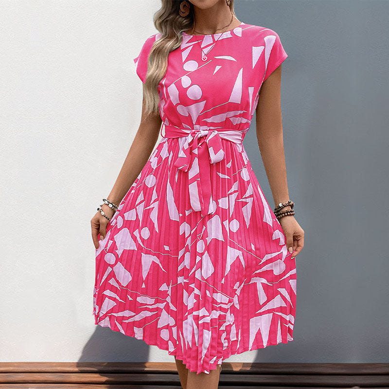 Floral Dress for Women Wedding Guest Crewneck Short Sleeve Casual Summer Dress Tie Waist Midi Flowy Boho Beach Dresses - Seldom Seen Styles