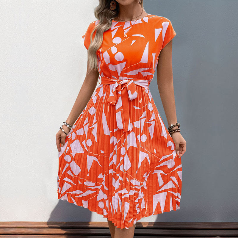 Floral Dress for Women Wedding Guest Crewneck Short Sleeve Casual Summer Dress Tie Waist Midi Flowy Boho Beach Dresses - Seldom Seen Styles