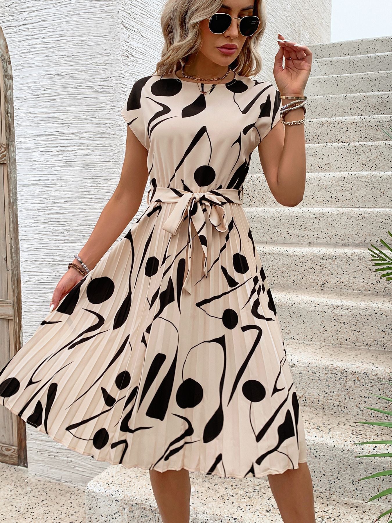 Floral Dress for Women Wedding Guest Crewneck Short Sleeve Casual Summer Dress Tie Waist Midi Flowy Boho Beach Dresses - Seldom Seen Styles