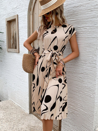 Floral Dress for Women Wedding Guest Crewneck Short Sleeve Casual Summer Dress Tie Waist Midi Flowy Boho Beach Dresses - Seldom Seen Styles
