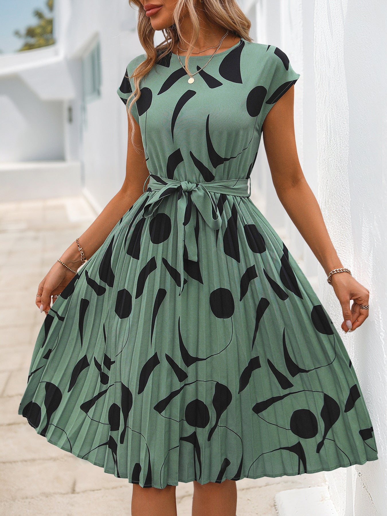 Floral Dress for Women Wedding Guest Crewneck Short Sleeve Casual Summer Dress Tie Waist Midi Flowy Boho Beach Dresses - Seldom Seen Styles