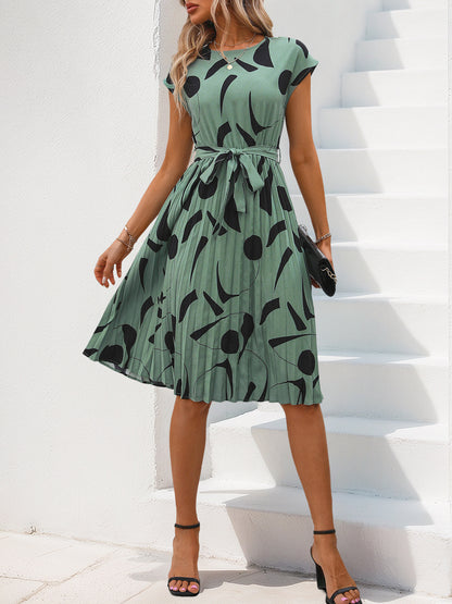 Floral Dress for Women Wedding Guest Crewneck Short Sleeve Casual Summer Dress Tie Waist Midi Flowy Boho Beach Dresses - Seldom Seen Styles