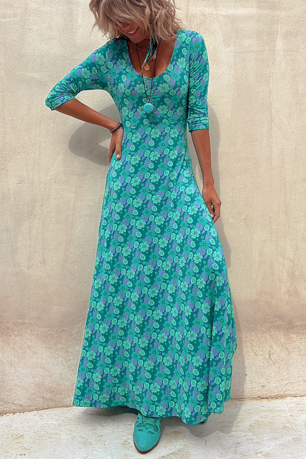 Floral Half Sleeve Elastic Maxi Dress - Seldom Seen Styles