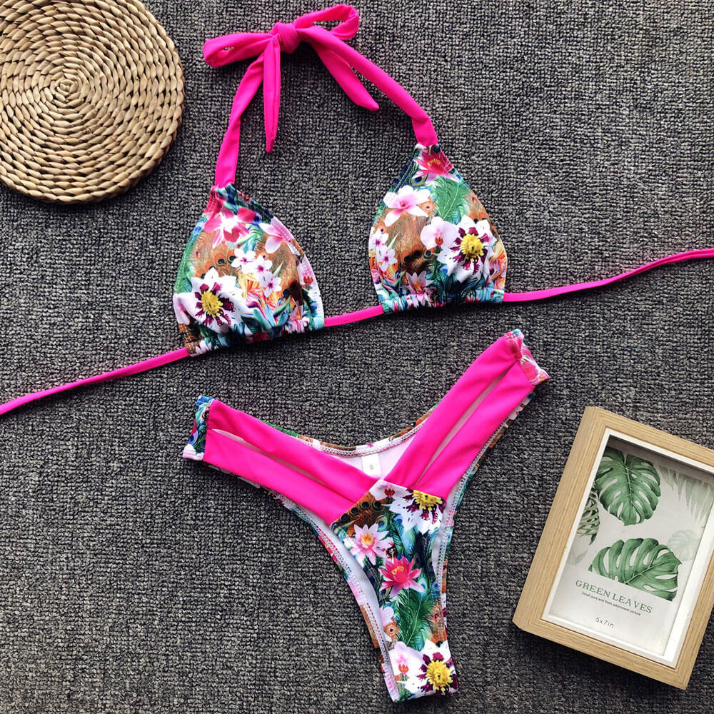 Floral High Leg Slide Triangle Halter Brazilian Two Piece Bikini Swimsuit - Seldom Seen Styles