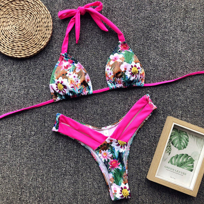 Floral High Leg Slide Triangle Halter Brazilian Two Piece Bikini Swimsuit - Seldom Seen Styles