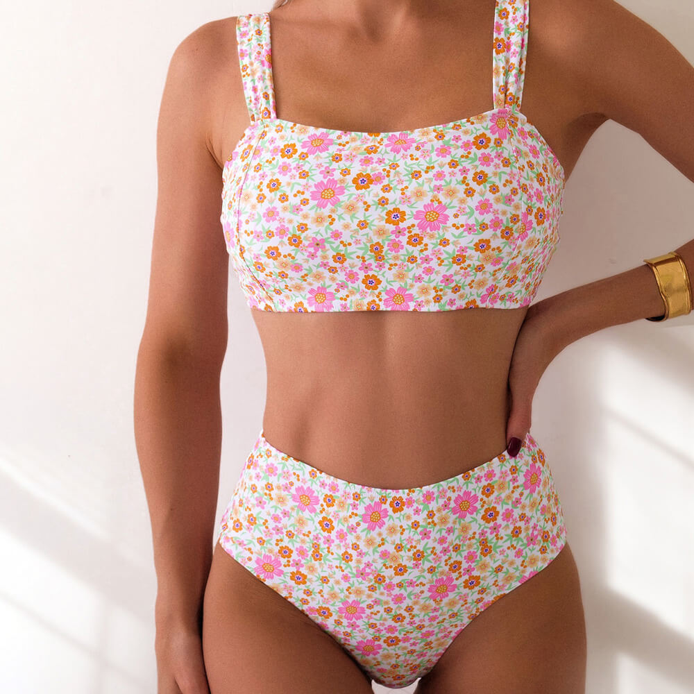 Floral Print High Waist Moderate Bralette Brazilian Two Piece Bikini Swimsuit - Seldom Seen Styles