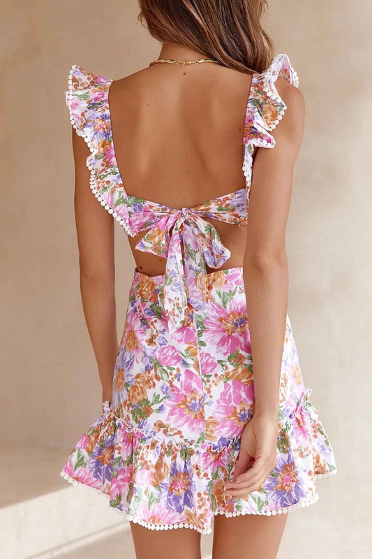 Floral Ruffle Back Tie Mini Dress - Seldom Seen Styles