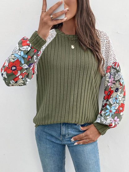 Floral Tops for Women Patchwork Long Sleeve Ribbed Blouses Crewneck Striped Crochet Print Shirts Lace Knit Sweaters - Seldom Seen Styles