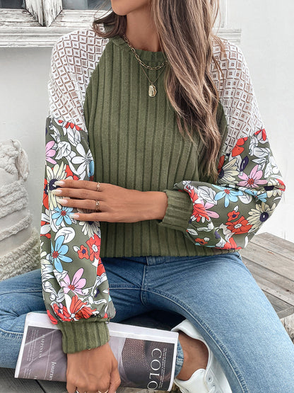 Floral Tops for Women Patchwork Long Sleeve Ribbed Blouses Crewneck Striped Crochet Print Shirts Lace Knit Sweaters - Seldom Seen Styles