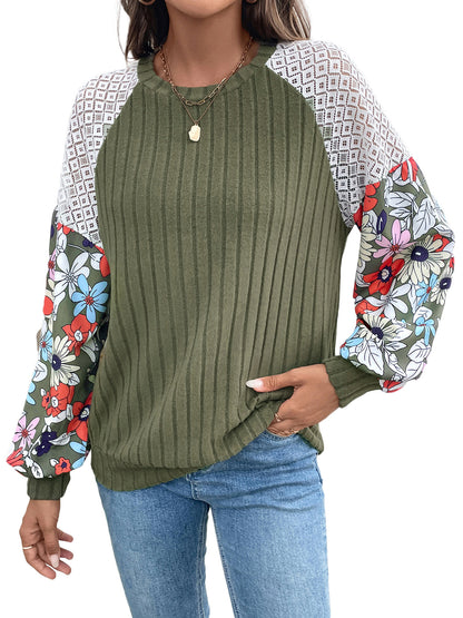Floral Tops for Women Patchwork Long Sleeve Ribbed Blouses Crewneck Striped Crochet Print Shirts Lace Knit Sweaters - Seldom Seen Styles