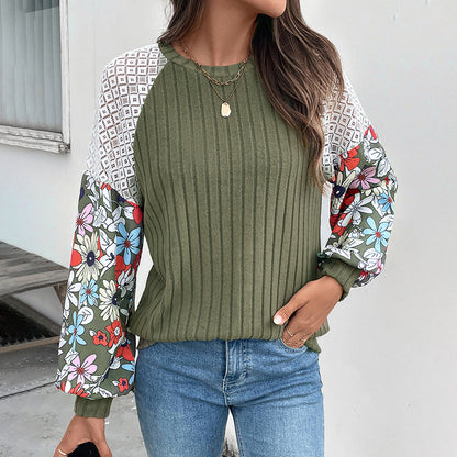 Floral Tops for Women Patchwork Long Sleeve Ribbed Blouses Crewneck Striped Crochet Print Shirts Lace Knit Sweaters - Seldom Seen Styles
