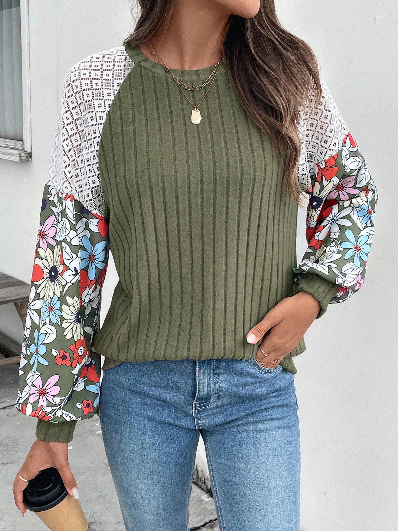 Floral Tops for Women Patchwork Long Sleeve Ribbed Blouses Crewneck Striped Crochet Print Shirts Lace Knit Sweaters - Seldom Seen Styles