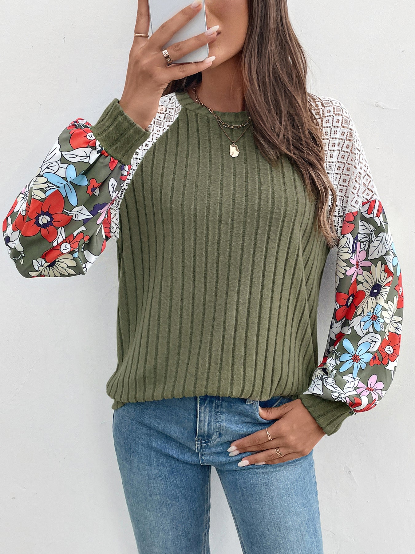 Floral Tops for Women Patchwork Long Sleeve Ribbed Blouses Crewneck Striped Crochet Print Shirts Lace Knit Sweaters - Seldom Seen Styles