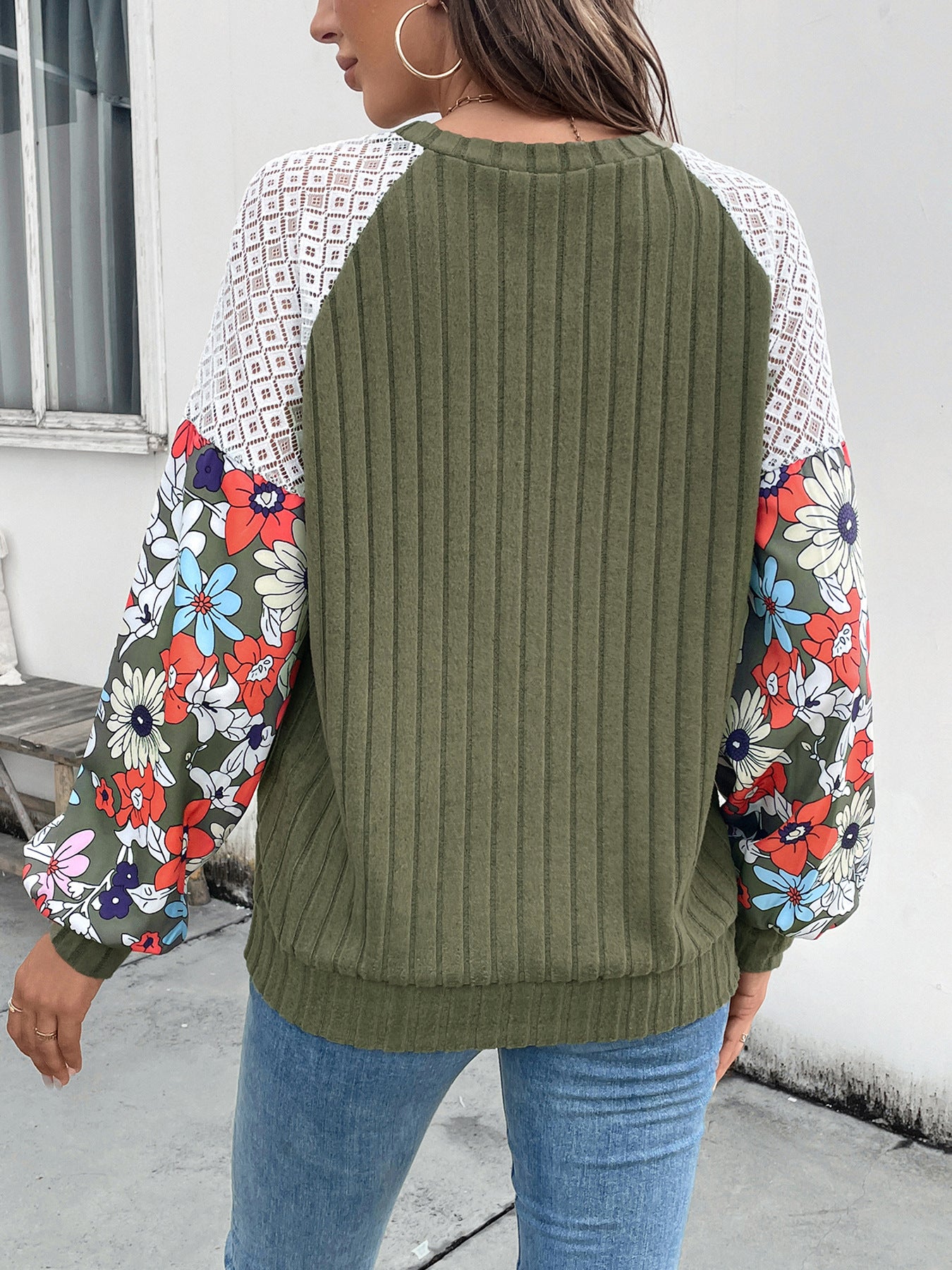 Floral Tops for Women Patchwork Long Sleeve Ribbed Blouses Crewneck Striped Crochet Print Shirts Lace Knit Sweaters - Seldom Seen Styles