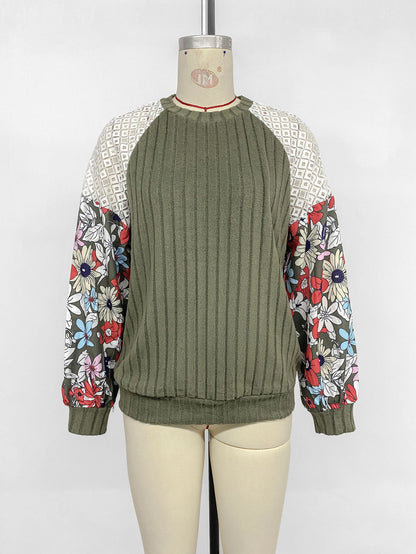 Floral Tops for Women Patchwork Long Sleeve Ribbed Blouses Crewneck Striped Crochet Print Shirts Lace Knit Sweaters - Seldom Seen Styles