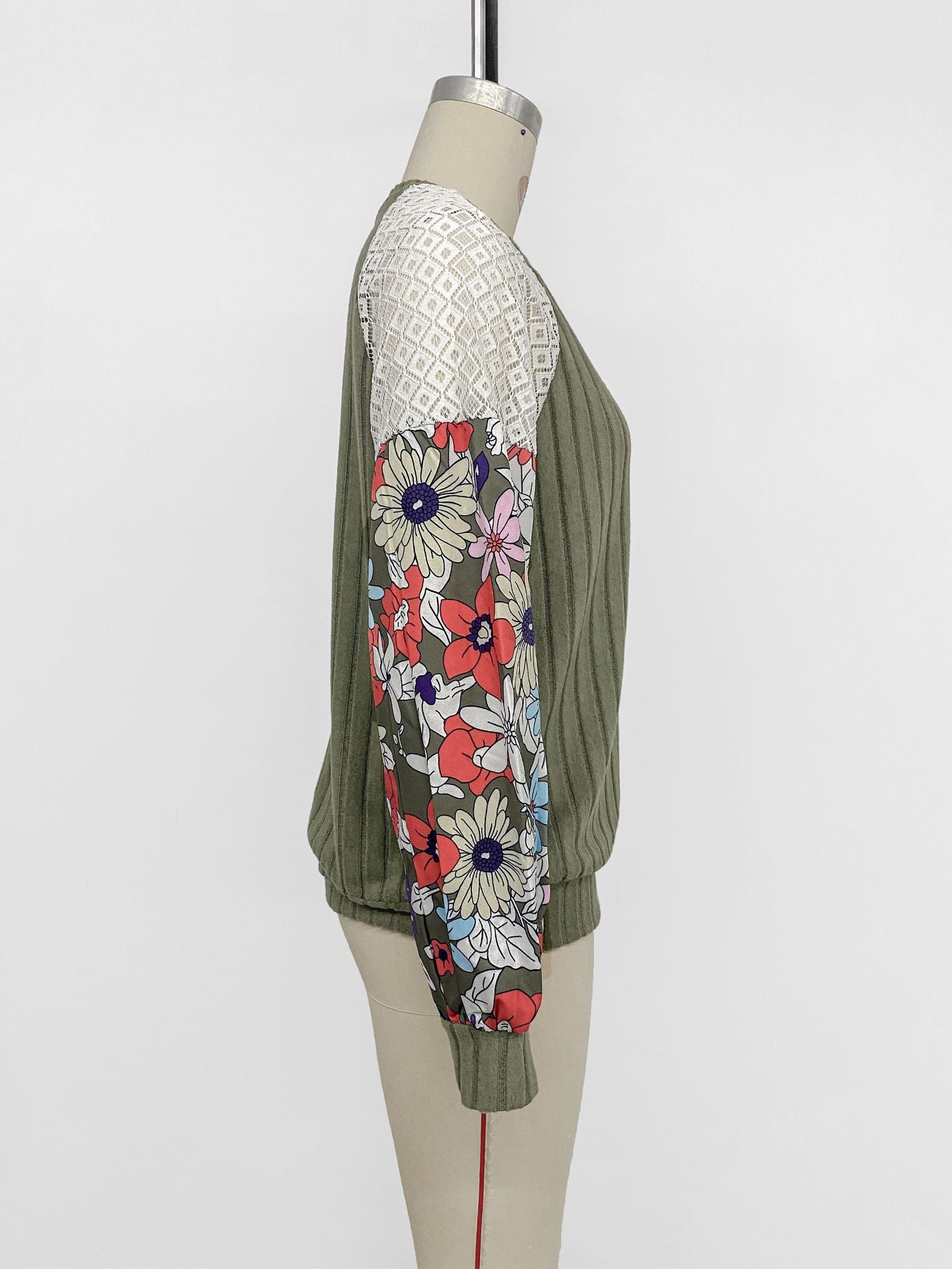 Floral Tops for Women Patchwork Long Sleeve Ribbed Blouses Crewneck Striped Crochet Print Shirts Lace Knit Sweaters - Seldom Seen Styles