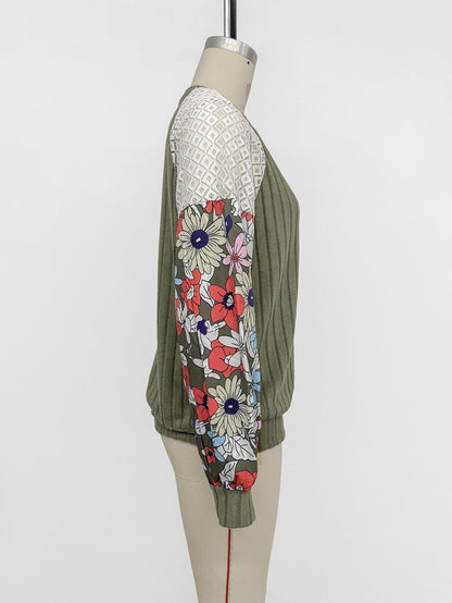 Floral Tops for Women Patchwork Long Sleeve Ribbed Blouses Crewneck Striped Crochet Print Shirts Lace Knit Sweaters - Seldom Seen Styles