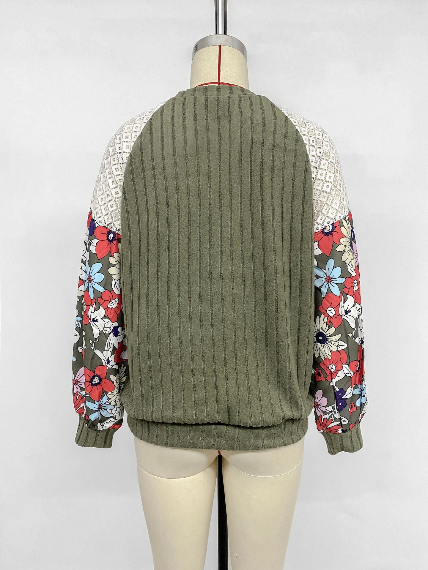 Floral Tops for Women Patchwork Long Sleeve Ribbed Blouses Crewneck Striped Crochet Print Shirts Lace Knit Sweaters - Seldom Seen Styles
