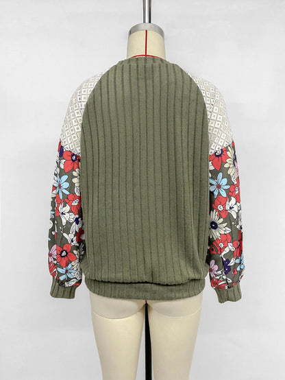 Floral Tops for Women Patchwork Long Sleeve Ribbed Blouses Crewneck Striped Crochet Print Shirts Lace Knit Sweaters - Seldom Seen Styles