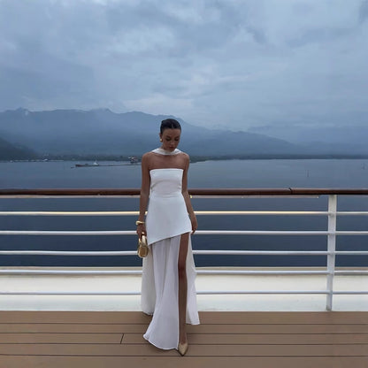 Florence Asymmetrical Chiffon Maxi Dress with Scarf Fashion Strapless Off-Shoulder Sleeveless Dress - Seldom Seen Styles