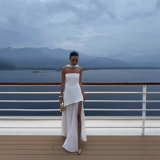 Florence Asymmetrical Chiffon Maxi Dress with Scarf Fashion Strapless Off-Shoulder Sleeveless Dress - Seldom Seen Styles