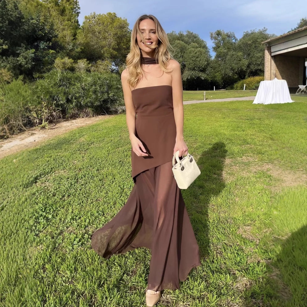 Florence Asymmetrical Chiffon Maxi Dress with Scarf Fashion Strapless Off-Shoulder Sleeveless Dress - Seldom Seen Styles