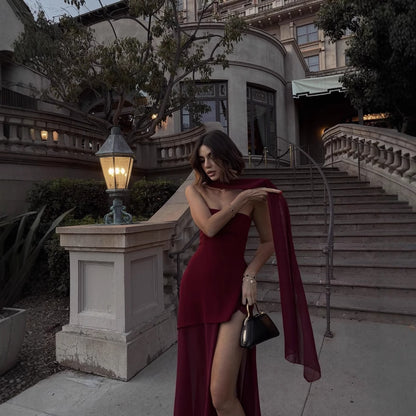 Florence Asymmetrical Chiffon Maxi Dress with Scarf Fashion Strapless Off-Shoulder Sleeveless Dress - Seldom Seen Styles