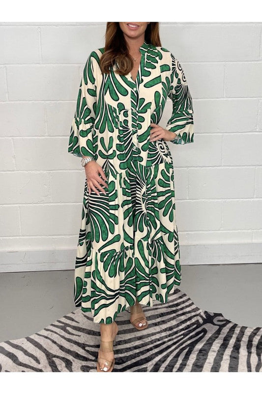 Geometric Shawl Collar Half Sleeve Casual Midi Dress - Seldom Seen Styles