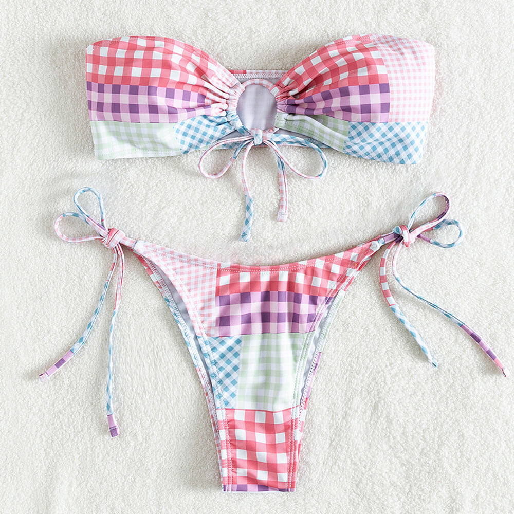 Gingham Patchwork Tie String Bandeau Brazilian Two Piece Bikini Swimsuit - Seldom Seen Styles