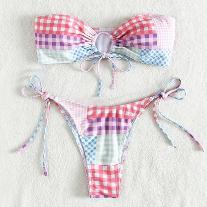 Gingham Patchwork Tie String Bandeau Brazilian Two Piece Bikini Swimsuit - Seldom Seen Styles