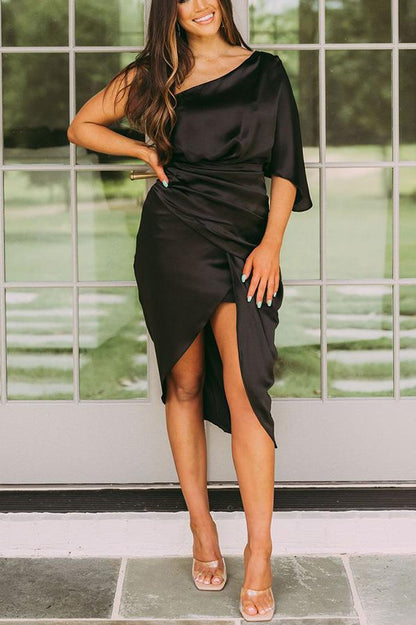 Glam Expectations One Shoulder Satin Drape Dress - Seldom Seen Styles