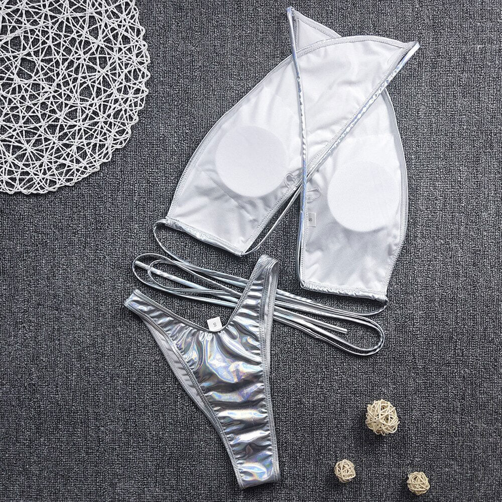 Glitter High Cut Cross Wrap Brazilian Two Piece Bikini Swimsuit - Seldom Seen Styles