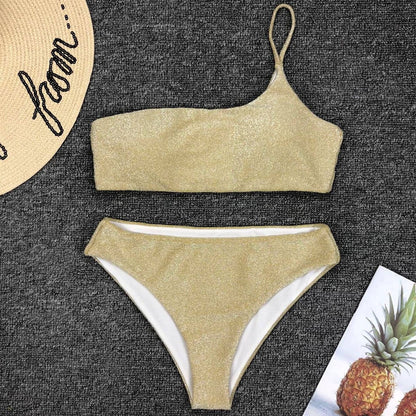Glitter One Shoulder Brazilian Two Piece Bikini Swimsuit - Seldom Seen Styles