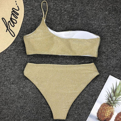 Glitter One Shoulder Brazilian Two Piece Bikini Swimsuit - Seldom Seen Styles