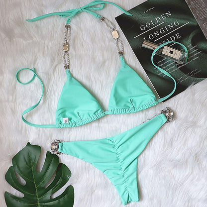 Glittering Crystal Rope Tie Slide Triangle Brazilian Two Piece Bikini Swimsuit - Seldom Seen Styles