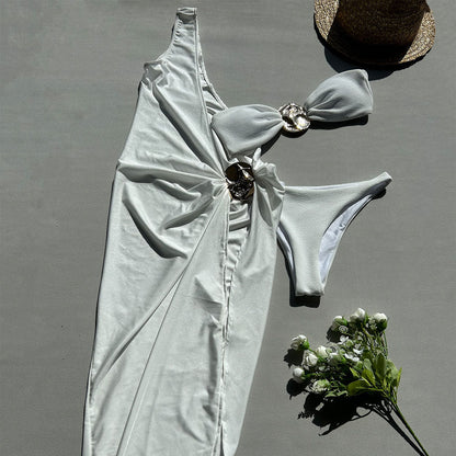 Goddess High Leg Metallic Accent Bandeau Brazilian Three Piece Bikini Swimsuit - Seldom Seen Styles