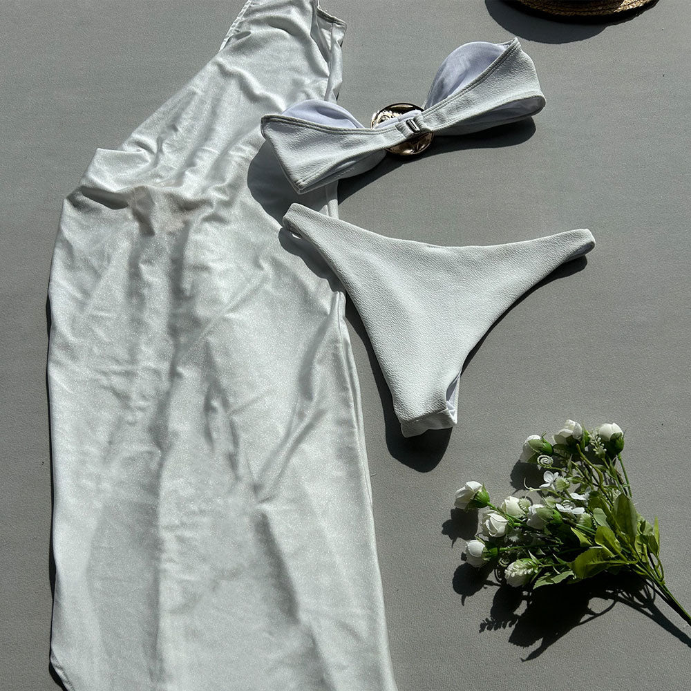 Goddess High Leg Metallic Accent Bandeau Brazilian Three Piece Bikini Swimsuit - Seldom Seen Styles