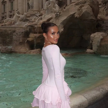 Good Girl Ruffled Mini Dress Long Sleeve Crew Neck light pink dress - Seldom Seen Styles