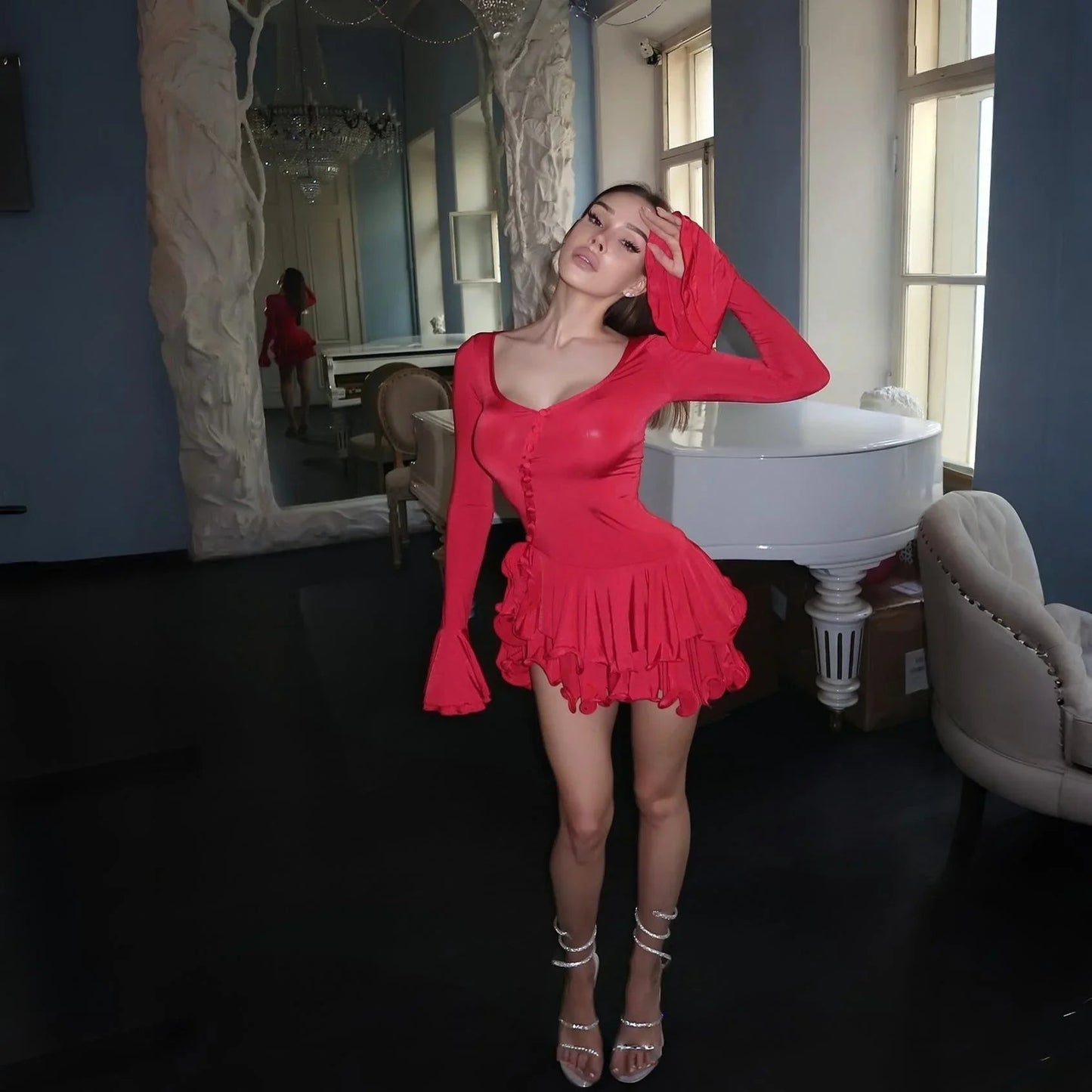 Good Girl Ruffled Mini Dress Long Sleeve Crew Neck light pink dress - Seldom Seen Styles