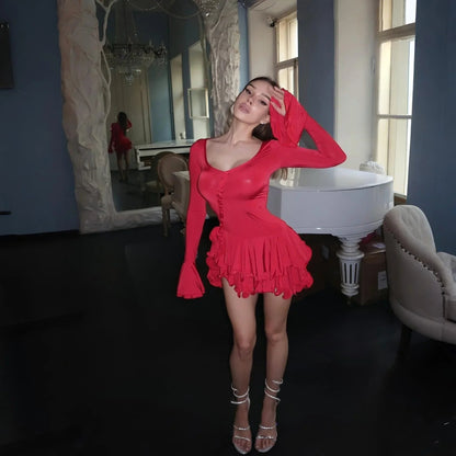 Good Girl Ruffled Mini Dress Long Sleeve Crew Neck light pink dress - Seldom Seen Styles