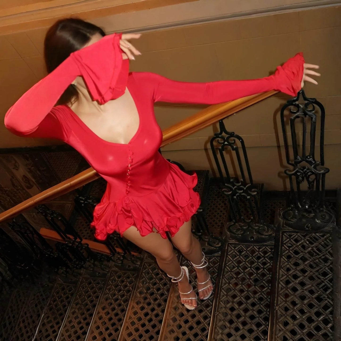 Good Girl Ruffled Mini Dress Long Sleeve Crew Neck light pink dress - Seldom Seen Styles