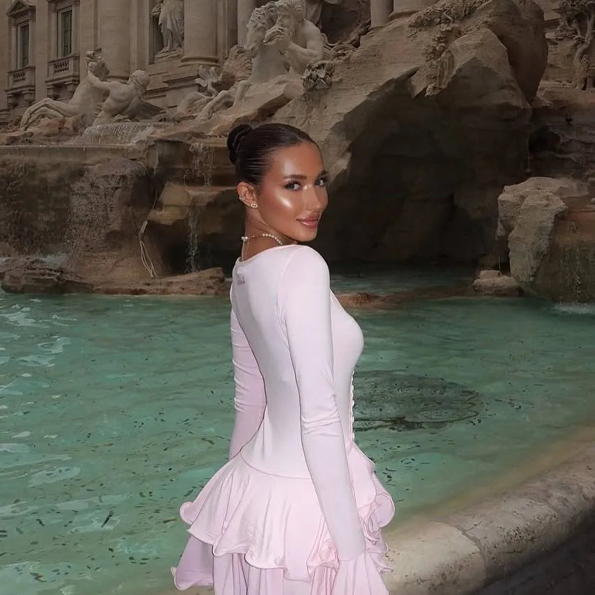 Good Girl Ruffled Mini Dress Long Sleeve Crew Neck light pink dress - Seldom Seen Styles