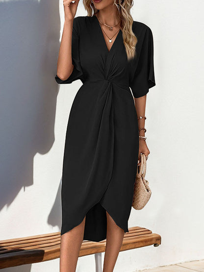 Green Batwing Sleeve Midi Dress Women V-Neck Twist Front A-Line Summer Beach Dress Elegan Wedding Guest Dress - Seldom Seen Styles