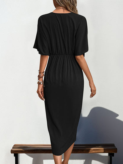 Green Batwing Sleeve Midi Dress Women V-Neck Twist Front A-Line Summer Beach Dress Elegan Wedding Guest Dress - Seldom Seen Styles