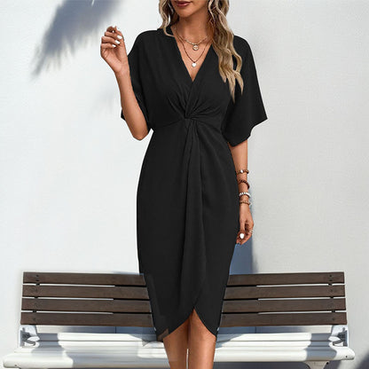 Green Batwing Sleeve Midi Dress Women V-Neck Twist Front A-Line Summer Beach Dress Elegan Wedding Guest Dress - Seldom Seen Styles