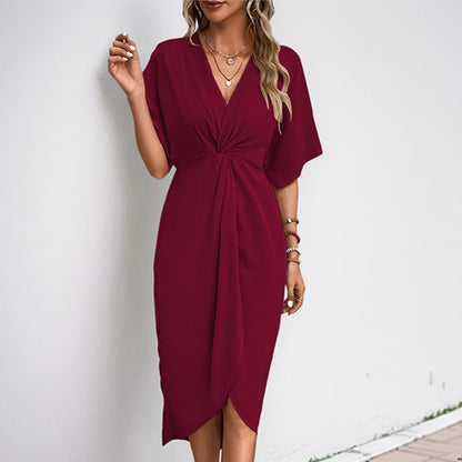 Green Batwing Sleeve Midi Dress Women V-Neck Twist Front A-Line Summer Beach Dress Elegan Wedding Guest Dress - Seldom Seen Styles