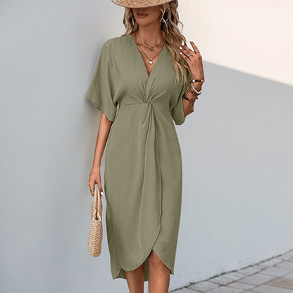 Green Batwing Sleeve Midi Dress Women V-Neck Twist Front A-Line Summer Beach Dress Elegan Wedding Guest Dress - Seldom Seen Styles