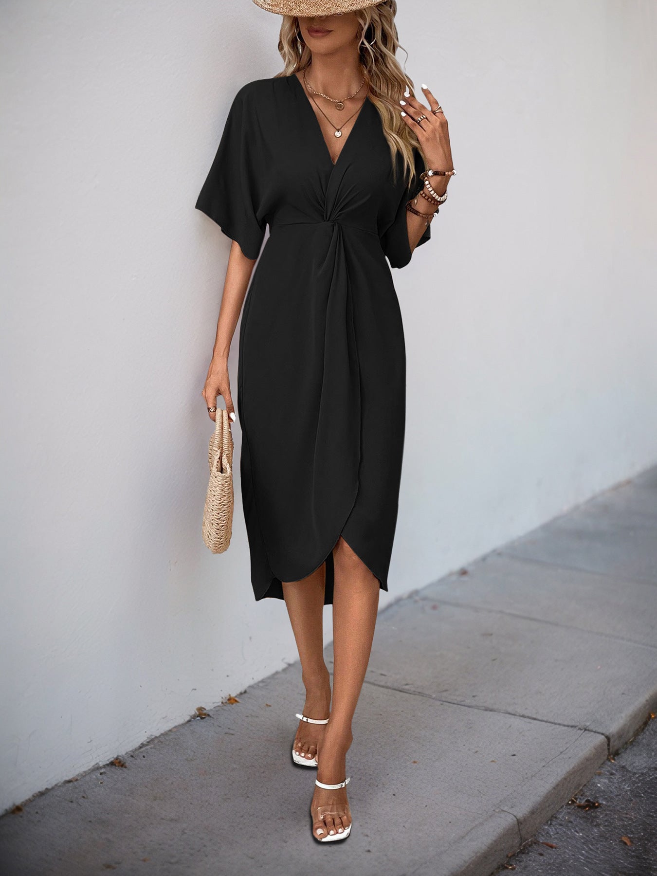Green Batwing Sleeve Midi Dress Women V-Neck Twist Front A-Line Summer Beach Dress Elegan Wedding Guest Dress - Seldom Seen Styles