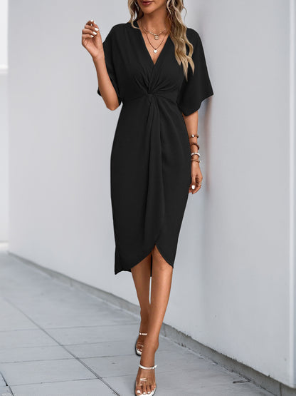 Green Batwing Sleeve Midi Dress Women V-Neck Twist Front A-Line Summer Beach Dress Elegan Wedding Guest Dress - Seldom Seen Styles