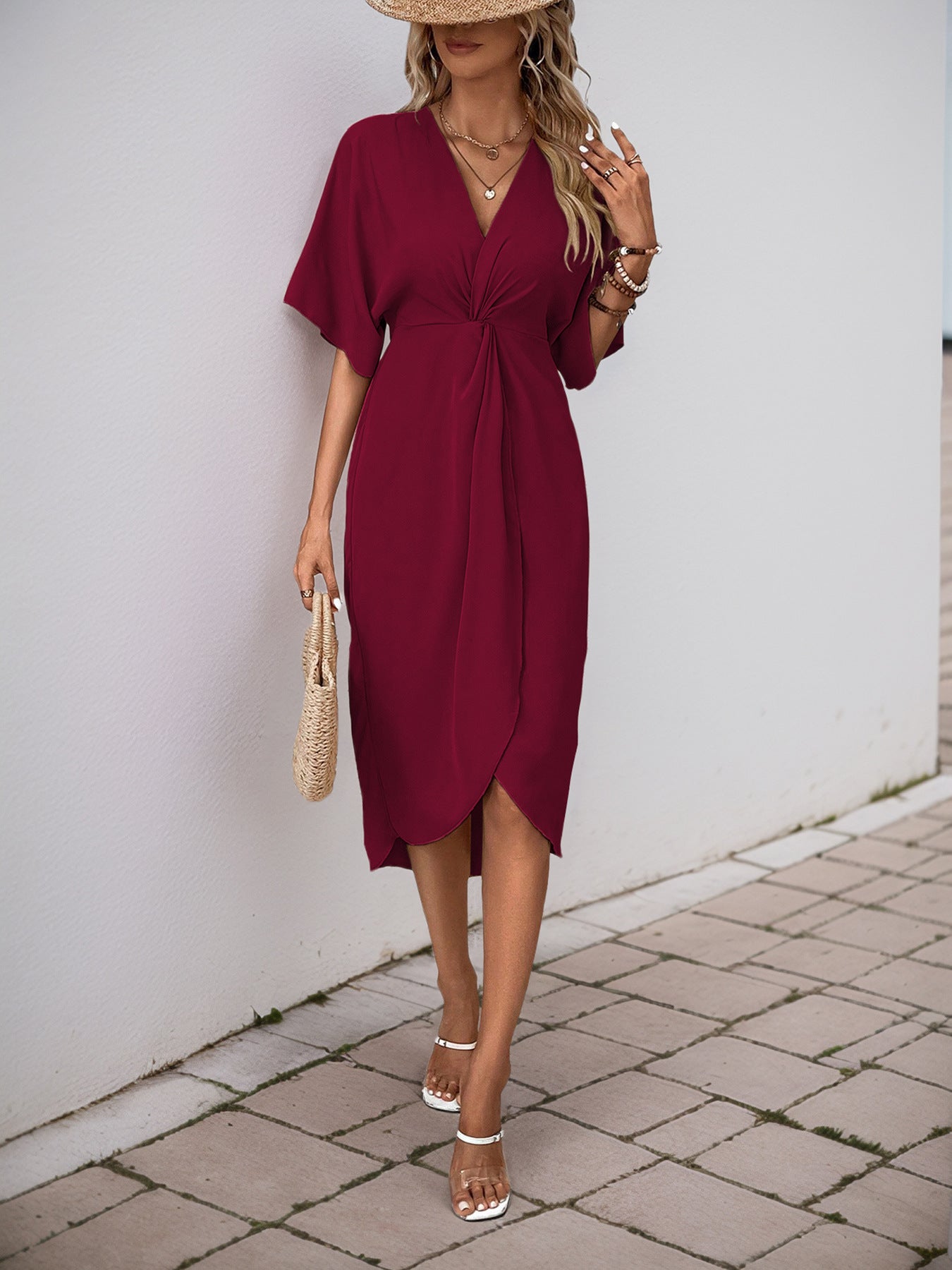 Green Batwing Sleeve Midi Dress Women V-Neck Twist Front A-Line Summer Beach Dress Elegan Wedding Guest Dress - Seldom Seen Styles